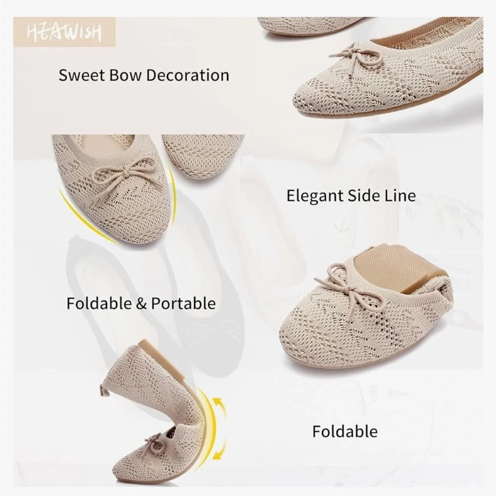 NIB Women’s Ballet Flats, Stretchy, Foldable, Beige Knit, Sz 9 - Picture 3 of 9